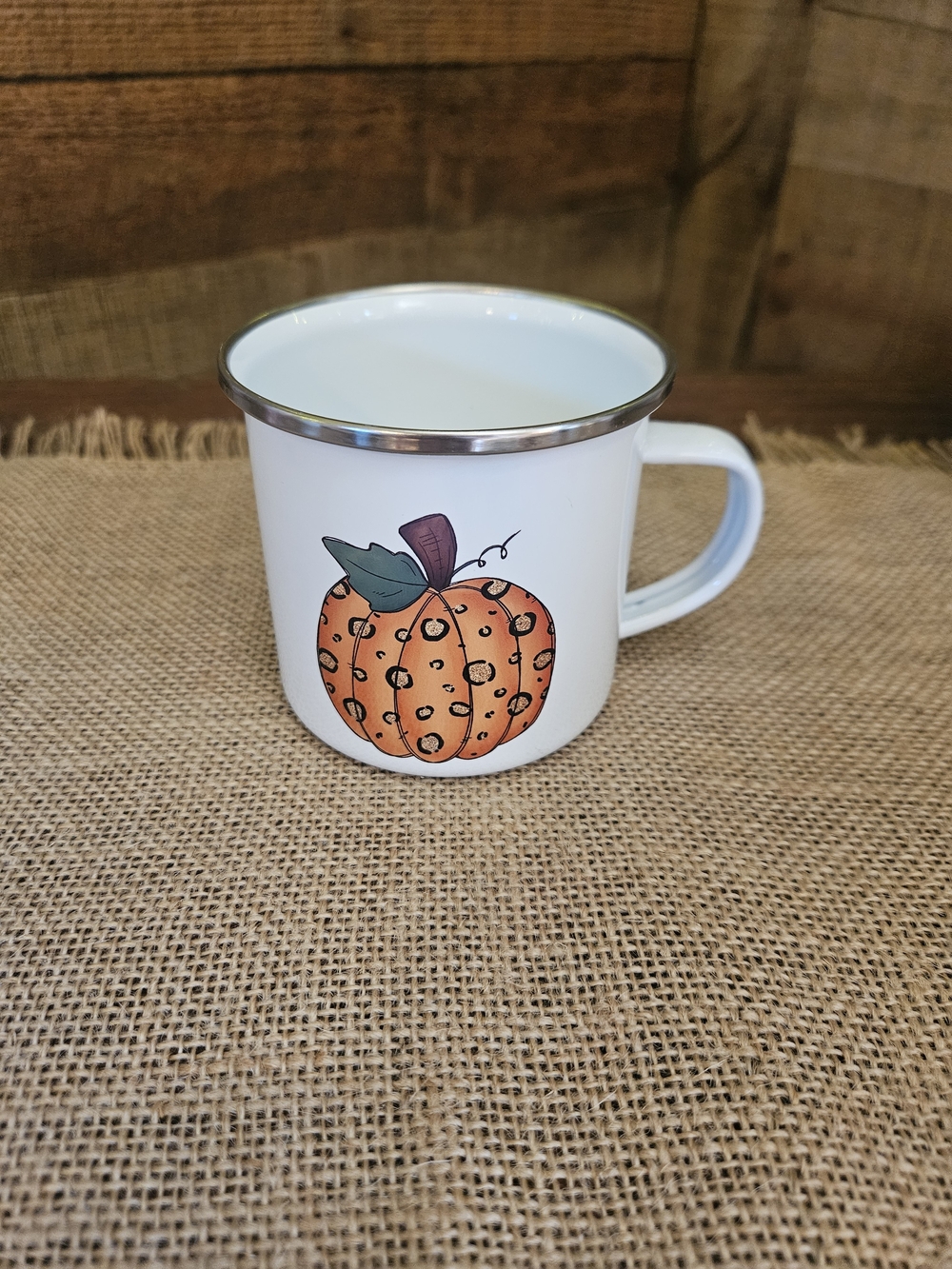 White Enamel Pumpkin Mug - Festive Fall Ceramic Camping Cup